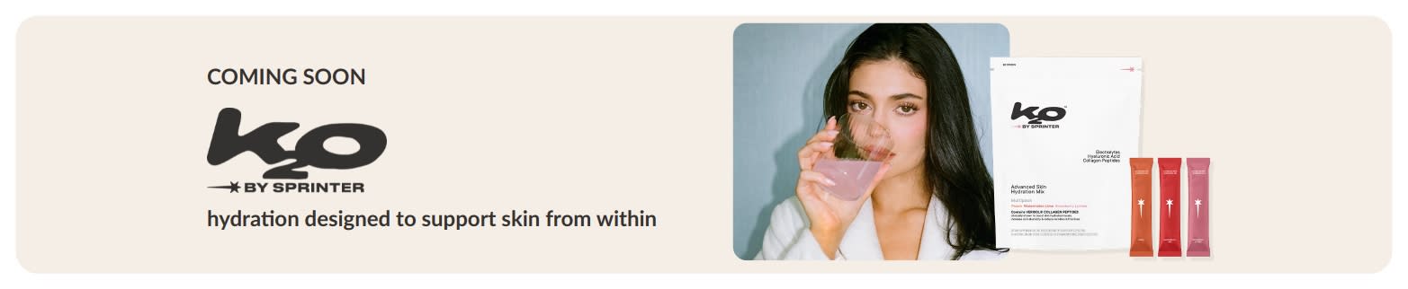 Banner showing Kylie Jenner drinking pink beverage with K2O by Sprinter hydration supplement and “coming soon” text