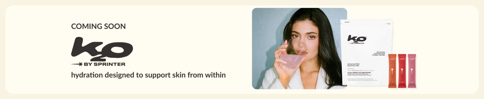 Banner showing Kylie Jenner drinking pink beverage with K2O by Sprinter hydration supplement and “coming soon” text