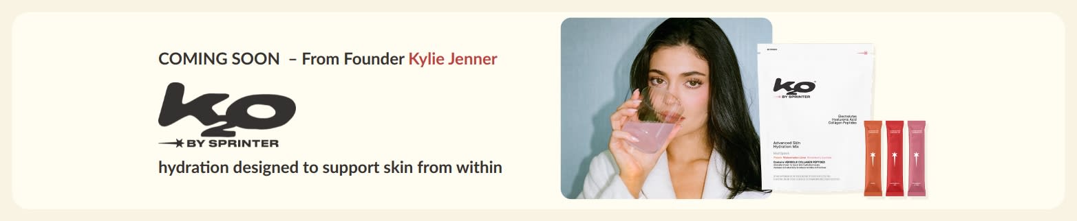 Banner showing Kylie Jenner drinking pink beverage with K2O by Sprinter hydration supplement and “coming soon” text