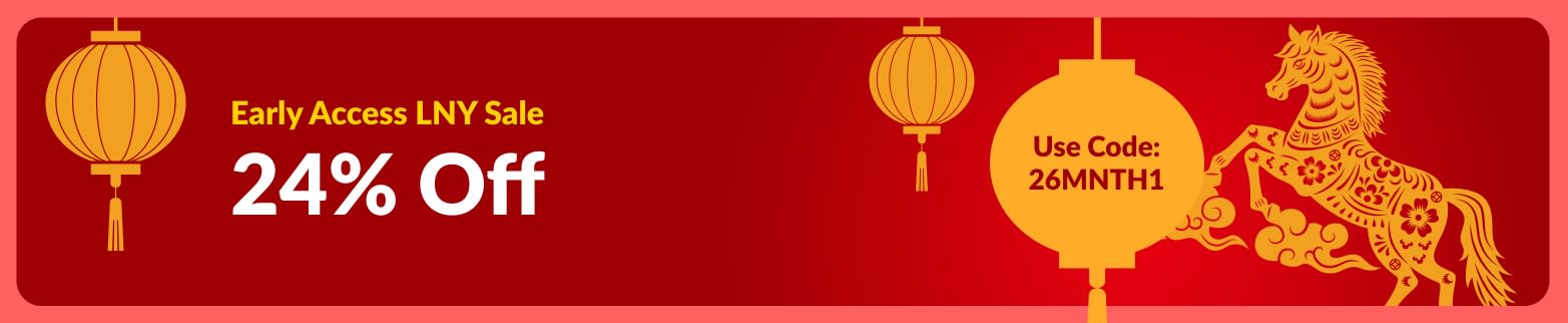 Red Lunar New Year banner promoting early access sale, 24% off, with lanterns and discount code 26MNTH1.
