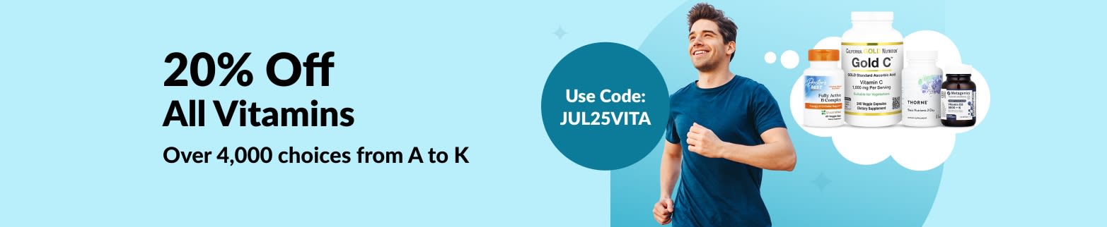 Smiling man jogging beside promo for 20% off all vitamins with code JUL25VITA and bottles of supplements on blue background.