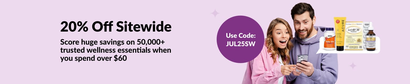Excited couple shopping online with promo code JUL25SW for 20% off wellness products sitewide on orders over $60.