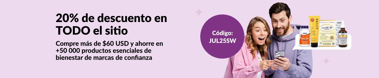 Pareja comprando en la app con el código JUL25SW y ahorrando 20% en todos los productos de bienestar al comprar +60 USD. 