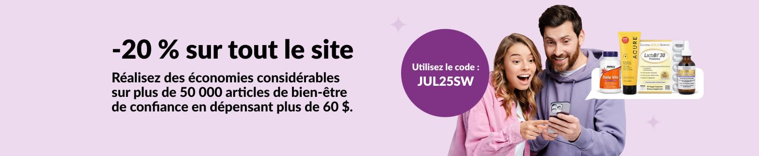 Couple enthousiaste faisant du shopping en ligne avec le code promo JUL25SW pour 20% de réduction sur les produits de bien-être dans tout le site pour les commandes de plus de 60 $.