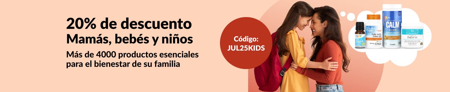 20% de descuento en esenciales de bienestar infantil. Código: JUL25KIDS. Imagen: Madre e hija felices con productos de salud.
