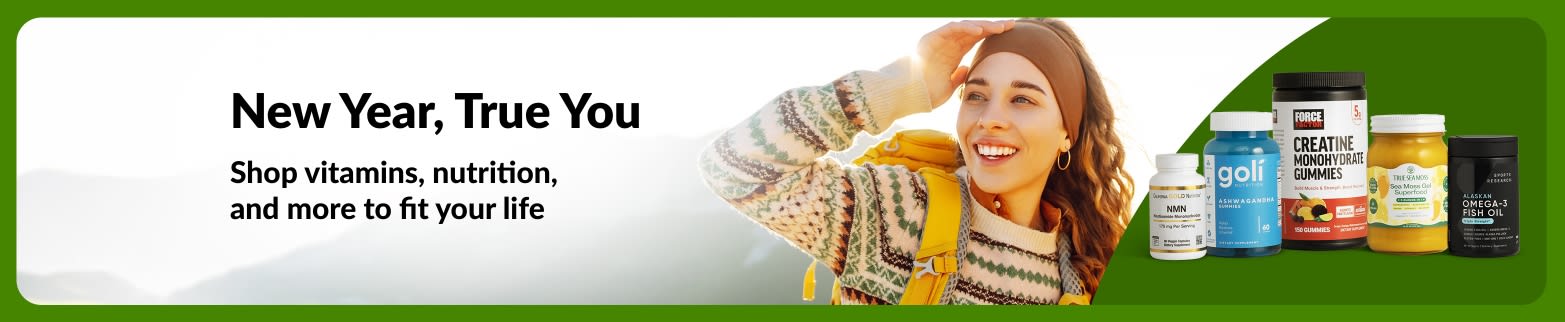 New Year wellness banner showing woman outdoors and vitamins and supplements, promoting nutrition products to support healthy lifestyle goals.