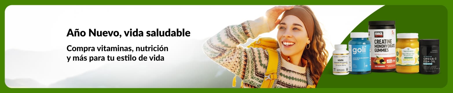 Banner de bienestar de Año Nuevo que muestra a una mujer al aire libre con vitaminas y suplementos, promoviendo productos de nutrición para alcanzar tus metas y mantener un estilo de vida saludable.