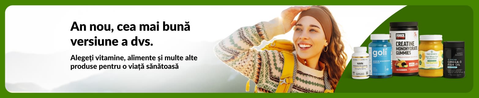 Banner de Anul Nou cu femeie în aer liber, vitamine și suplimente, promovând produse pentru stilul de viață sănătos.