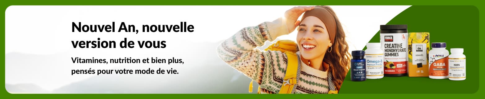 Bannière Bien-être du Nouvel An, montrant une femme en extérieur avec des vitamines et compléments, promouvant des produits de nutrition pour soutenir un mode de vie sain.