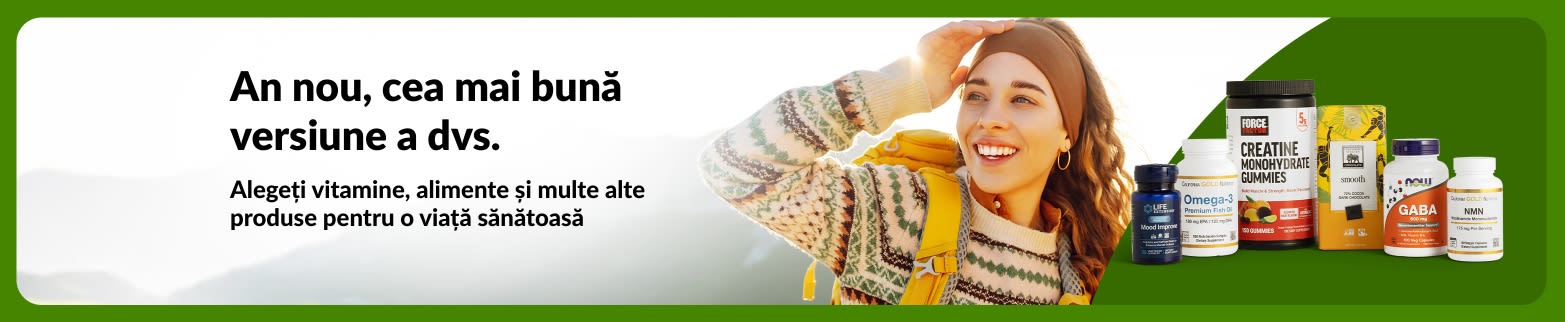 Banner de Anul Nou cu femeie în aer liber, vitamine și suplimente, promovând produse pentru stilul de viață sănătos.