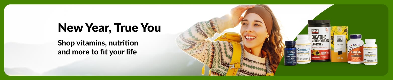 New Year wellness banner with woman outdoors, vitamins and supplements, promoting nutrition products for healthy lifestyles.