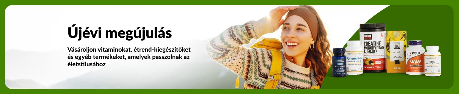 Újévi wellness banner, amelyen egy nő látható a szabadban, valamint vitaminok és étrend-kiegészítők, amelyek az egészséges életmód céljait támogató táplálkozási termékeket népszerűsítenek.