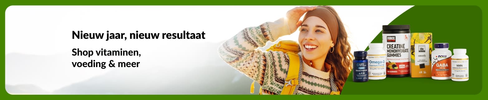 Een nieuwjaarsbanner van iHerb voor welzijn, met een afbeelding van een vrouw in de buitenlucht, vitamines en supplementen, ter promotie van voedingsproducten die een gezonde levensstijl ondersteunen.