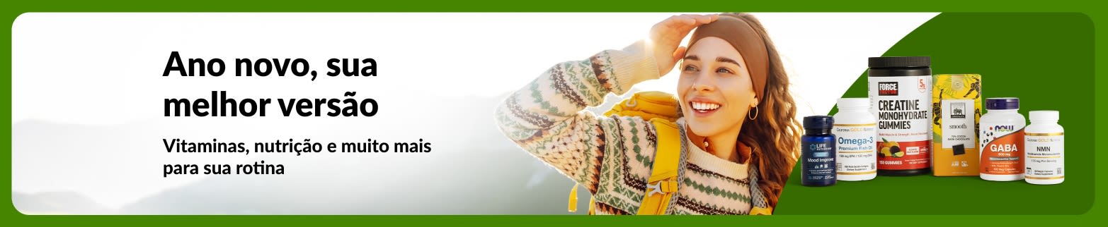 Banner de bem-estar de ano novo com mulher ao ar livre e vitaminas e suplementos, promovendo produtos de nutrição para apoiar metas de um estilo de vida saudável.