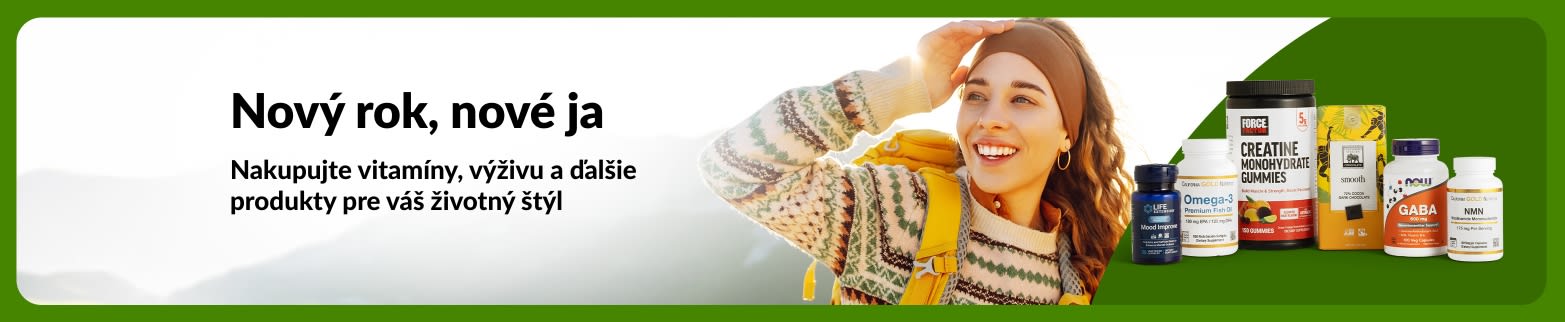Banner k novoročnému wellnessu s ženou v prírode a vitamínmi a doplnkami výživy na podporu zdravého životného štýlu.