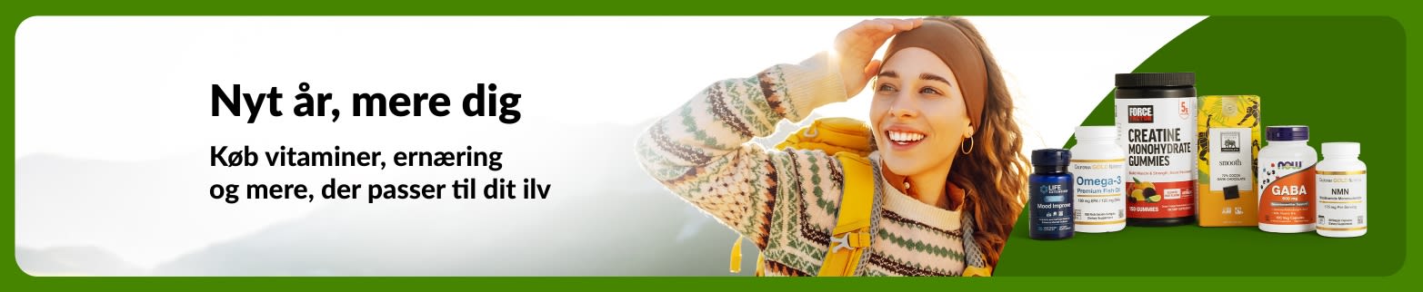 Nytårshelsebanner, der viser kvinde udendørs samt vitaminer og kosttilskud, der promoverer ernæringsprodukter, der understøtter sunde livsstilsmål.