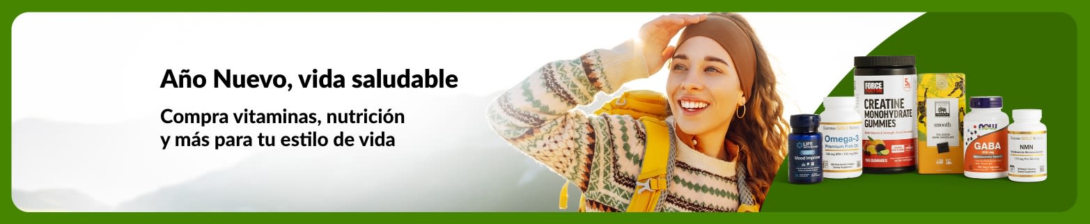 Banner de bienestar de Año Nuevo que muestra a una mujer al aire libre con vitaminas y suplementos, promoviendo productos de nutrición para alcanzar tus metas y mantener un estilo de vida saludable.