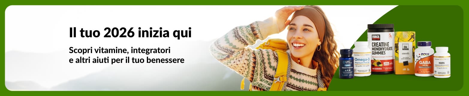 Banner pubblicitario a tema benessere per il nuovo anno. Mostra una donna all'aperto e delle confezioni di vitamine e integratori, promuovendo prodotti per la nutrizione che supportano gli obiettivi di uno stile di vita sano.