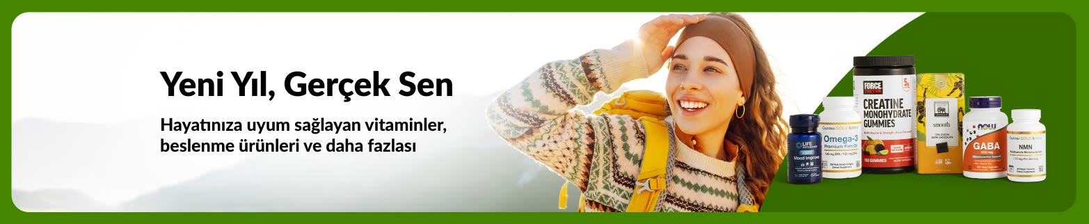 Açık havada bir kadın ile vitamin ve takviyelerin yer aldığı, sağlıklı yaşam hedeflerini destekleyen beslenme ürünlerini tanıtan Yeni Yıl wellness banner’ı.