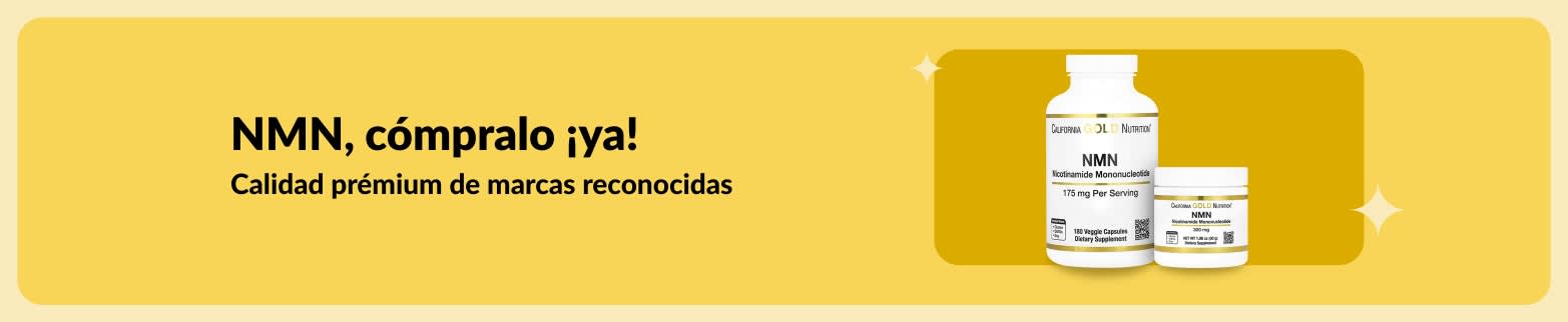 Banner de iHerb invitando a comprar suplementos NMN de calidad prémium de marcas reconocidas.