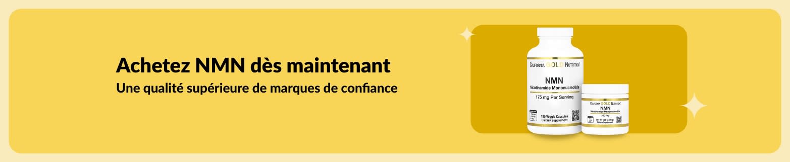 Bannière iHerb mentionnant la possibilité d'acheter des compléments alimentaires NMN de qualité supérieure provenant de marques de confiance.