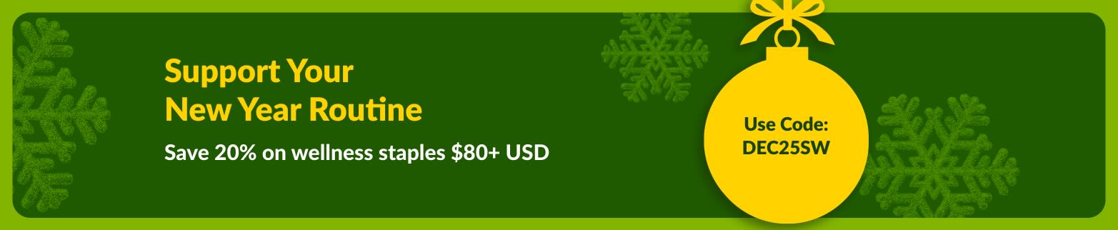iHerb New Year banner offering 20% off wellness staples over $80+ USD with code DEC25SW, featuring a yellow ornament on a green background.