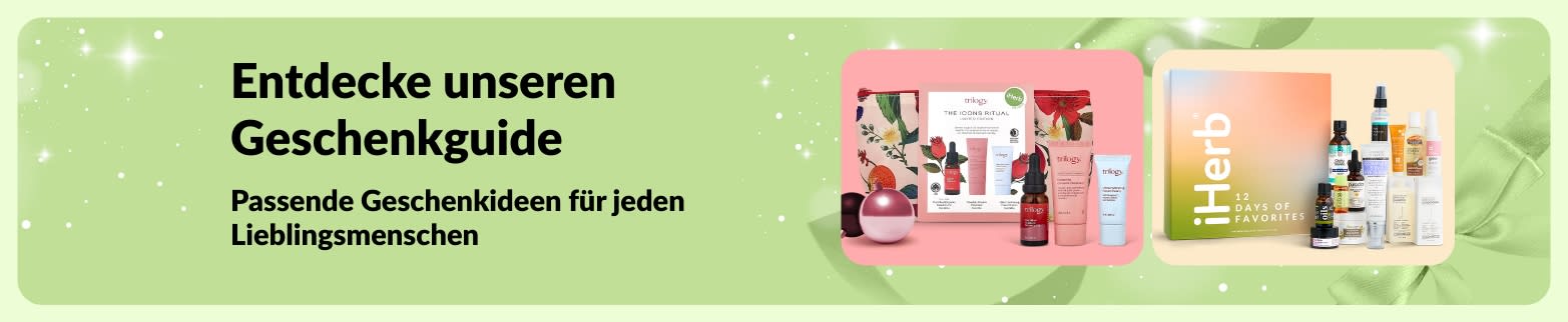Banner für den iHerb Geschenkguide mit ausgewählten Self-Care- und Beauty-Geschenksets perfekt zum Verschenken.