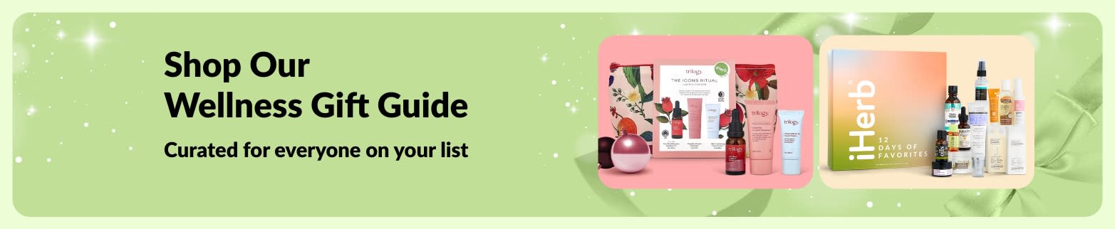 iHerb Wellness Gift Guide banner featuring curated self-care and beauty gift sets, perfect for everyone on your list.
