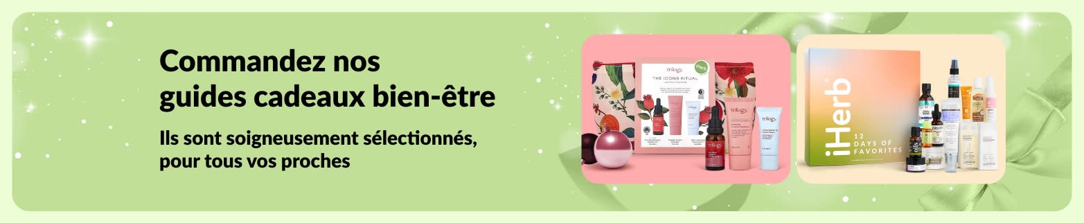 Bannière du guide cadeaux bien-être d'iHerb, présentant des coffrets cadeaux de soins personnels et de beauté soigneusement sélectionnés, parfaits pour touts vos proches