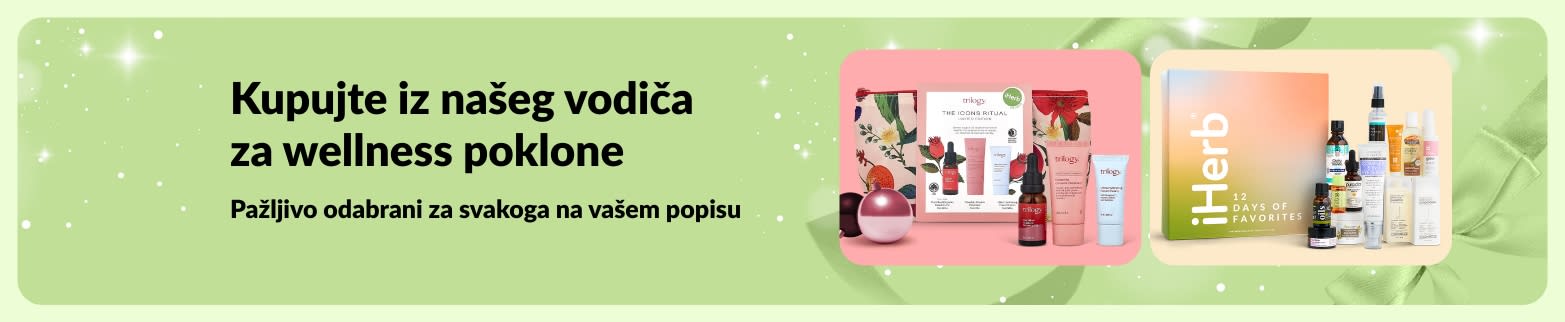 iHerb baner s vodičem za wellness poklone koji prikazuje pomno odabrane setove za njegu i ljepotu, savršene za svakoga na vašem popisu.