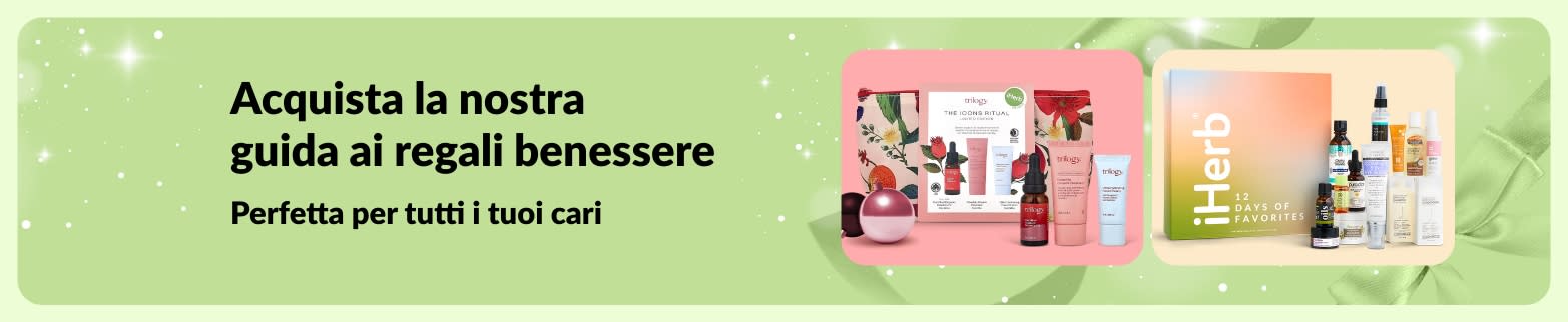 Banner della Guida ai regali benessere di iHerb con set regalo selezionati per la cura personale e la bellezza, perfetti per tutti i tuoi cari.