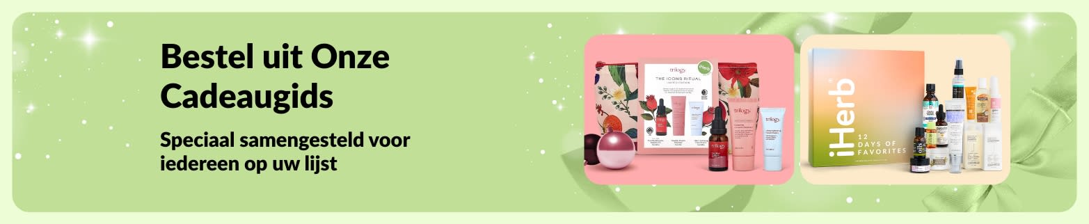 iHerb Cadeaugids-banner met zorgvuldig samengestelde cadeausets voor verzorging en schoonheid, perfect voor iedereen op uw lijst.