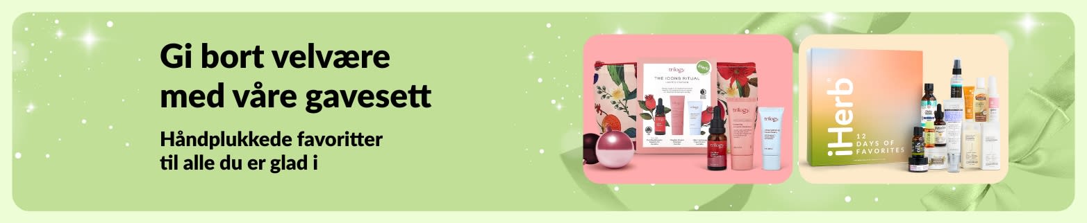iHerb gavesett-banner med utvalgte gavepakker for selvpleie og skjønnhet, perfekte for alle på listen din.