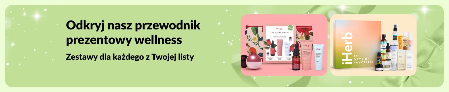 Baner iHerb przewodnik prezentowy wellness, przedstawiający wyselekcjonowane zestawy upominkowe do pielęgnacji i urody, idealne dla każdego z Twojej listy.