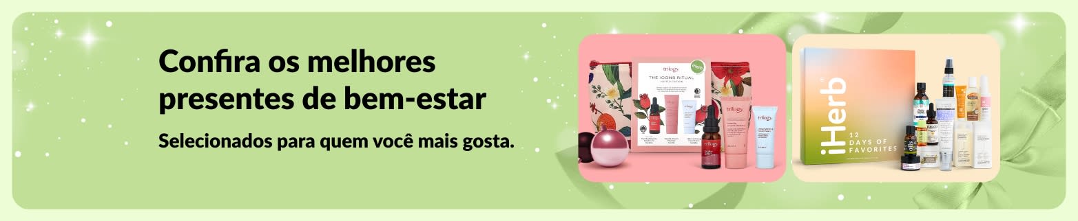 Banner do guia de presentes de bem-estar da iHerb com kits de presentes de beleza e autocuidado selecionados, perfeitos para todos da sua lista.