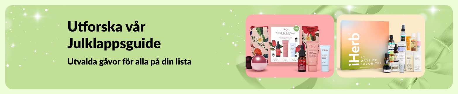 iHerbs Julklappsguide-banner med utvalda egenvårds- och skönhetspresentset som passar alla på din lista.