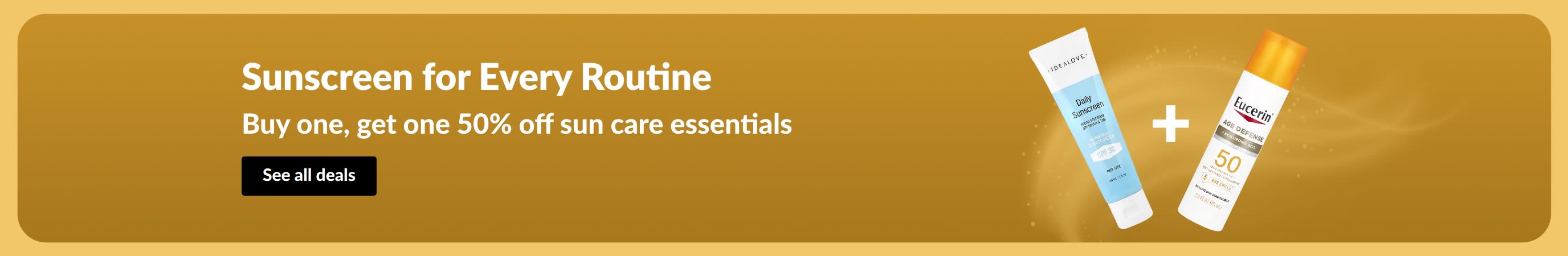 Sunscreen sale banner with two products, “Buy one, get one 50% off sun care essentials”