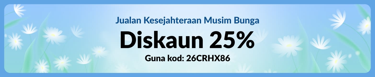Sepanduk Jualan Kesejahteraan Musim Bunga dengan bunga-bungaan, menawarkan diskaun 25% menggunakan kod 26CRHX86