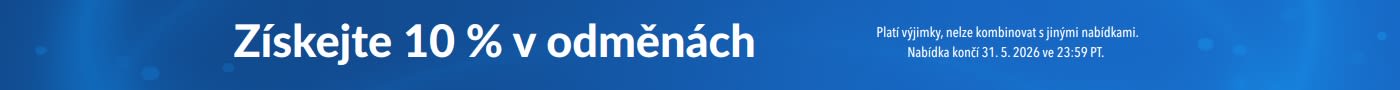 Modrý banner s promo akcí Získejte 10 % v odměnách s doplňky stravy a textem o výjimkách a konci nabídky 31. května 2026.