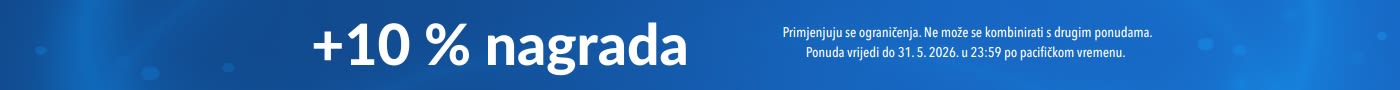 Plavi promotivni banner s natpisom „Zaradite 10 % u nagradnim kreditima”, s prikazom bočica dodataka prehrani (glutation, elektroliti, probiotici, kolagen) te sitnim tekstom i napomenom o ograničenjim
