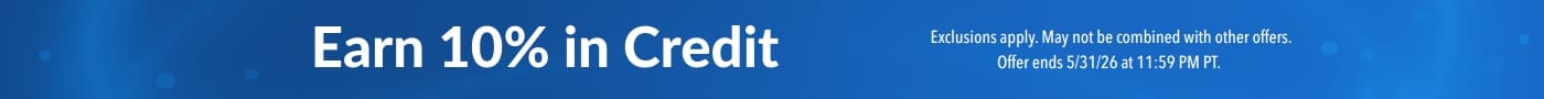 Blue promotional banner advertising “Earn 10% in Credit” with supplement bottles (glutathione, electrolytes, probiotics, collagen) and small print noting exclusions and an offer ending May 31, 2026.