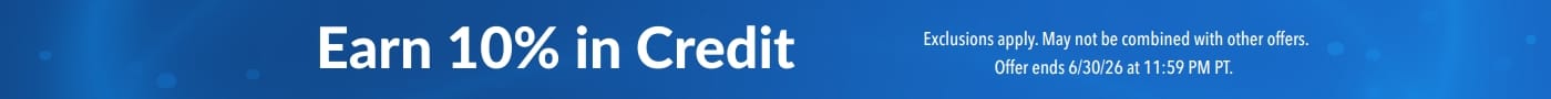 Blue promotional banner advertising “Earn 10% in Credit” with supplement bottles (glutathione, electrolytes, probiotics, collagen) and small print noting exclusions and an offer ending June 30, 2026.
