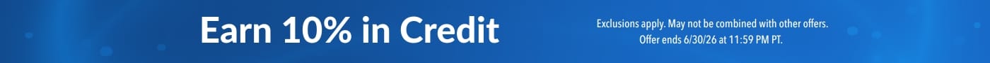 Blue promotional banner advertising “Earn 10% in Credit” with supplement bottles (glutathione, electrolytes, probiotics, collagen) and small print noting exclusions and an offer ending June 30, 2026.