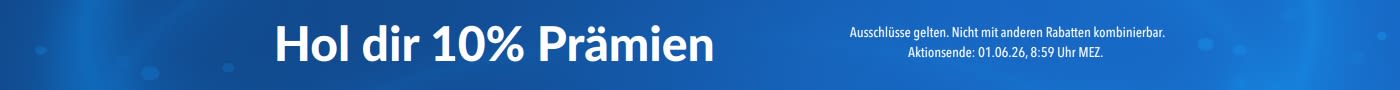 Blaues Werbebanner mit der Aufschrift „Hol dir 10% Prämien“ und Abbildungen von Nahrungsergänzungsmitteln (Glutathion, Elektrolyte, Probiotika, Kollagen) sowie einem Kleingedruckten, in dem Ausschlüss