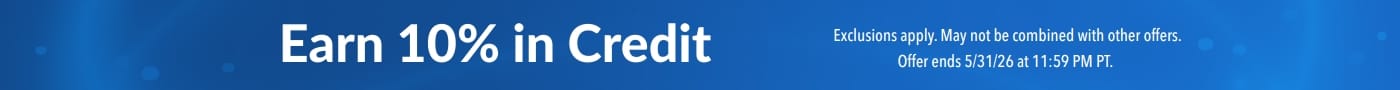 Blue promotional banner advertising “Earn 10% in Credit ” with supplement bottles (glutathione, electrolytes, probiotics, collagen) and small print noting exclusions and an offer ending May 31, 2026.