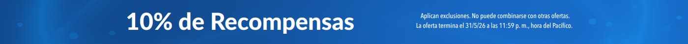Banner azul con el mensaje “10% de Recompensas”, con frascos de suplementos.