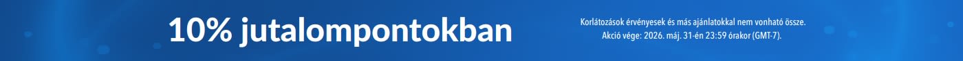 Kék promóciós banner „10% jutalompontokban” felirattal, étrend-kiegészítő üvegcsékkel (glutation, elektrolitok, probiotikumok, kollagén) és apró betűs felirattal, amely a kizárásokat és az ajánlat 202
