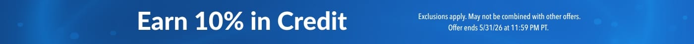 Blue promotional banner advertising “Earn 10% in Credit ” with supplement bottles (glutathione, electrolytes, probiotics, collagen) and small print noting exclusions and an offer ending May 31, 2026.