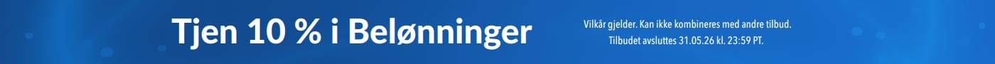 Blått kampanjebanner som reklamerer for «Tjen 10 % i Belønninger» med flasker med kosttilskudd (glutation, elektrolytter, probiotika, kollagen) og liten skrift som nevner unntak og at tilbudet avslutt