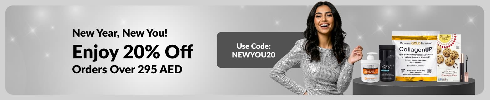 New Year, New You! promotion offering 20% off orders over 295 AED with discount code NEWYOU20